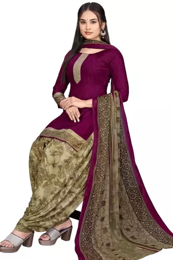 Unstitched printed crepe blend kurta & patiyala dress material with top, bottom & dupatta