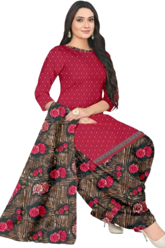 Unstitched printed crepe blend kurta & patiyala dress material with top, bottom & dupatta