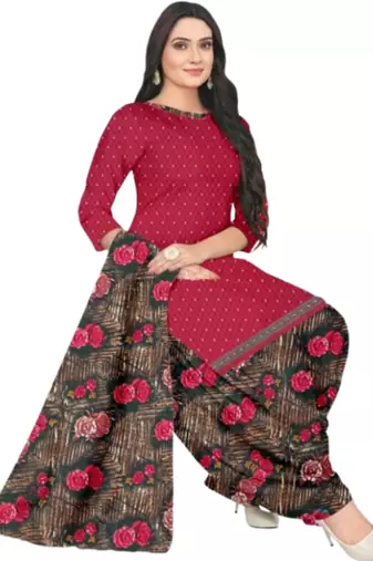 Unstitched printed crepe blend kurta & patiyala dress material with top, bottom & dupatta