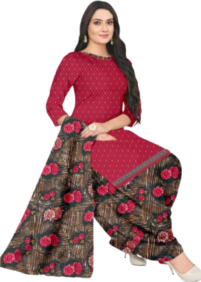 Unstitched printed crepe blend kurta & patiyala dress material with top, bottom & dupatta