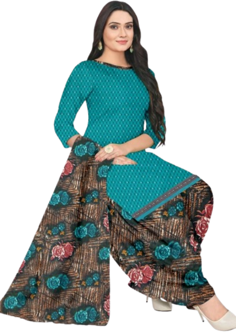 Unstitched printed crepe blend kurta & patiyala dress material with top, bottom & dupatta