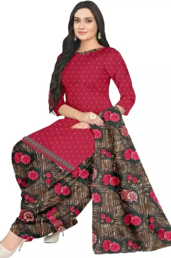 Unstitched printed crepe blend kurta & patiyala dress material with top, bottom & dupatta