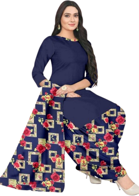 Unstitched printed crepe blend kurta & patiyala dress material with top, bottom & dupatta 1