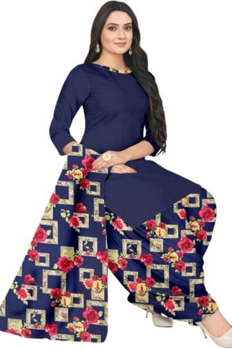 Unstitched printed crepe blend kurta & patiyala dress material with top, bottom & dupatta