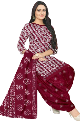 Unstitched printed crepe blend kurta & patiyala dress material with top, bottom & dupatta