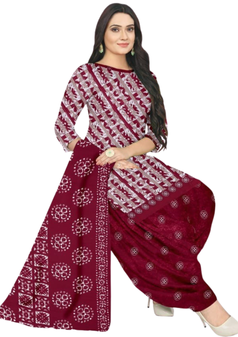 Unstitched printed crepe blend kurta & patiyala dress material with top, bottom & dupatta