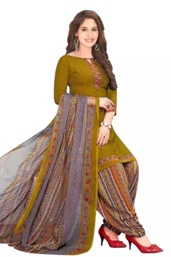 Unstitched printed crepe blend kurta & patiyala dress material with top, bottom & dupatta
