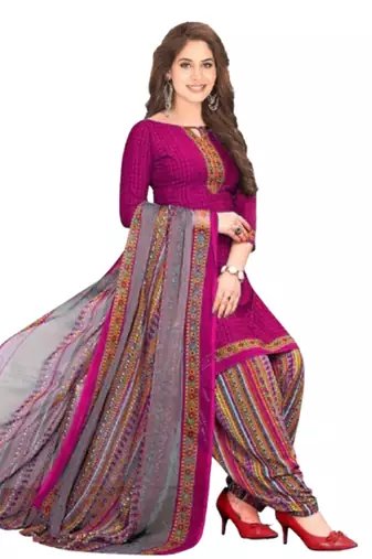 Unstitched printed crepe blend kurta & patiyala dress material with top, bottom & dupatta