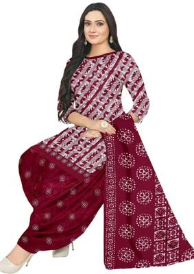 Unstitched printed crepe blend kurta & patiyala dress material with top, bottom & dupatta 2