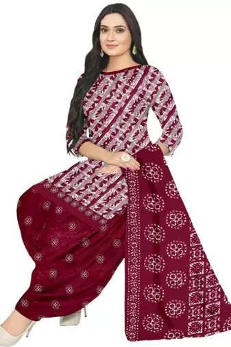 Unstitched printed crepe blend kurta & patiyala dress material with top, bottom & dupatta