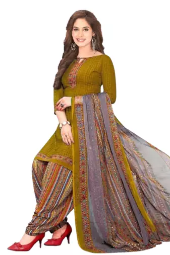 Unstitched printed crepe blend kurta & patiyala dress material with top, bottom & dupatta