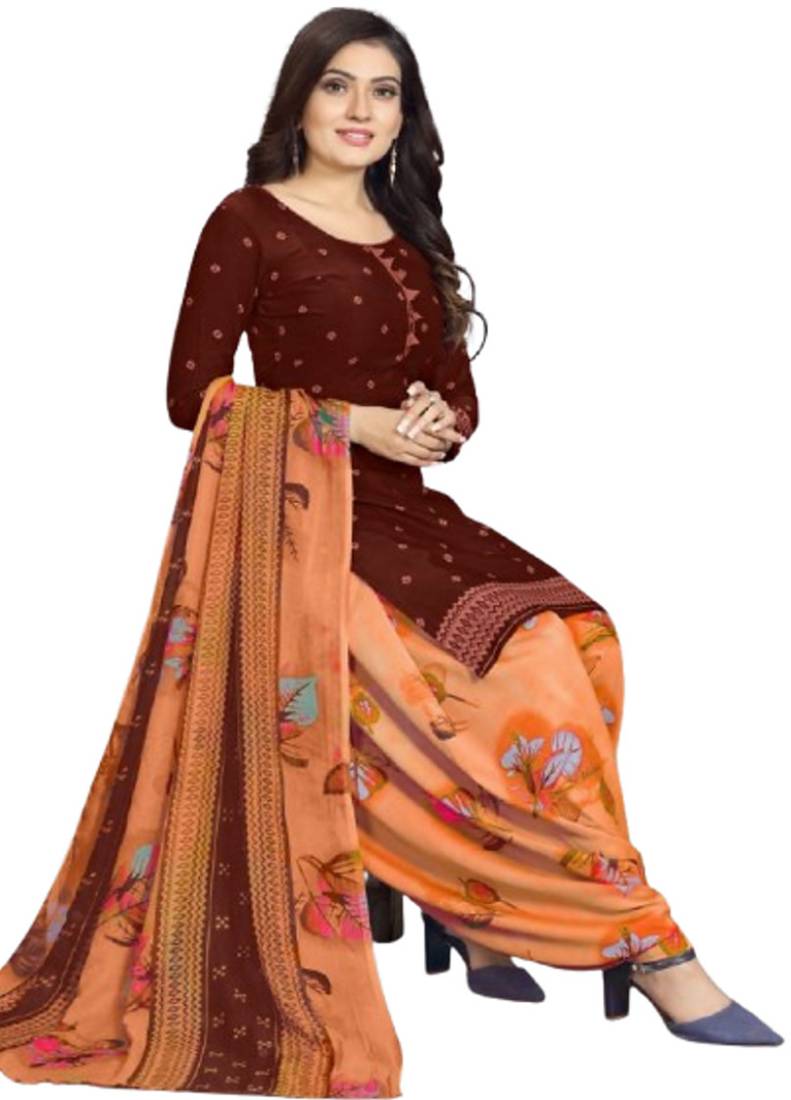 Unstitched printed crepe blend kurta & patiyala dress material with top, bottom & dupatta