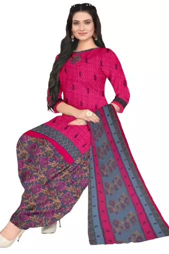 Unstitched printed crepe blend kurta & patiyala dress material with top, bottom & dupatta