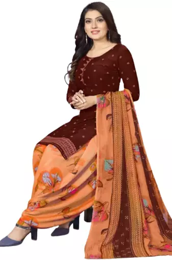 Unstitched printed crepe blend kurta & patiyala dress material with top, bottom & dupatta