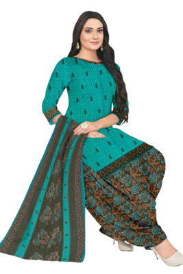 Unstitched printed crepe blend kurta & patiyala dress material with top, bottom & dupatta 1