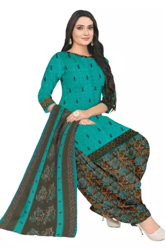 Unstitched printed crepe blend kurta & patiyala dress material with top, bottom & dupatta