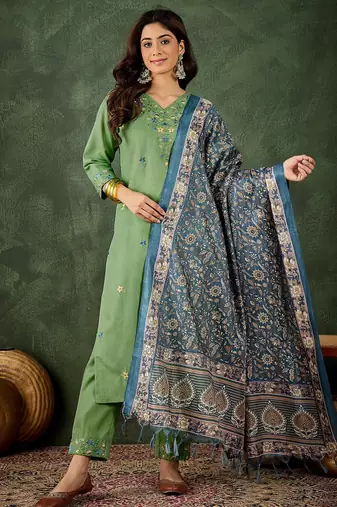 Light green women kurta pant dupatta set