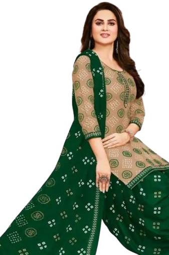 Unstitched printed crepe blend kurta & patiyala dress material with top, bottom & dupatta