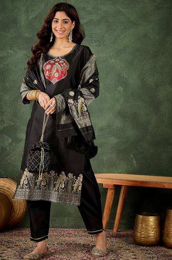 Black women kurta pant dupatta set