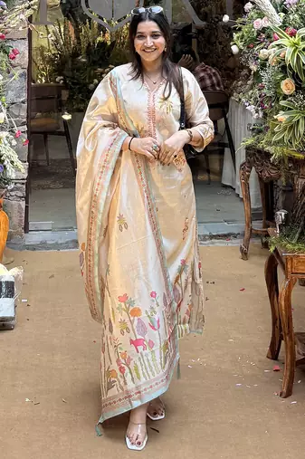 Beige women kurta pant dupatta set