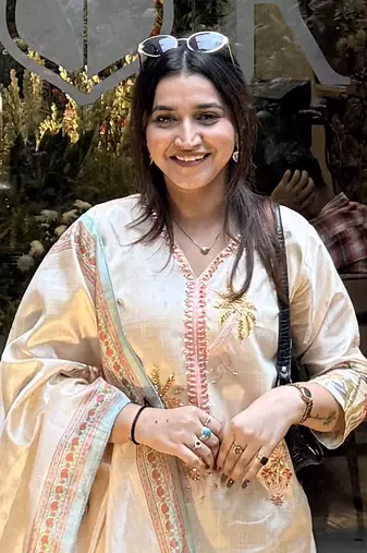 Beige women kurta pant dupatta set