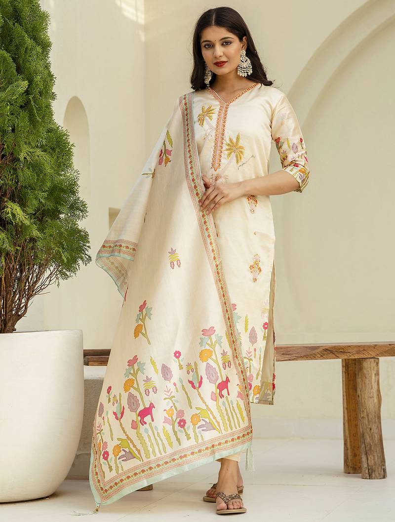 Beige women kurta pant dupatta set
