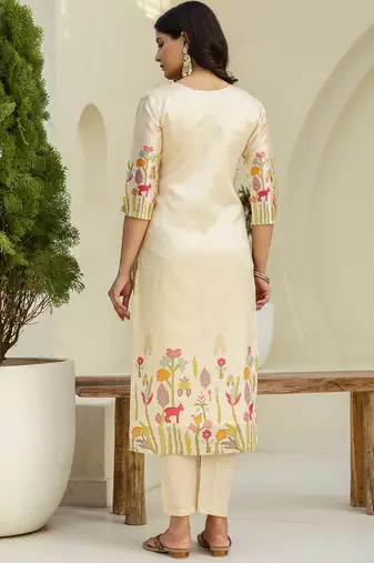 Beige women kurta pant dupatta set