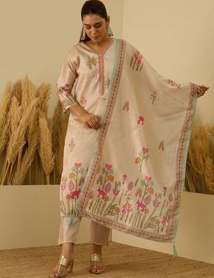 Beige women kurta pant dupatta set 1