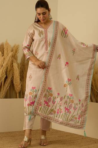 Beige women kurta pant dupatta set