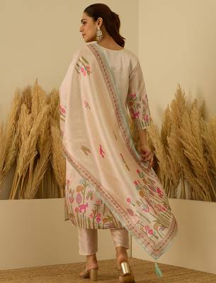 Beige women kurta pant dupatta set 2