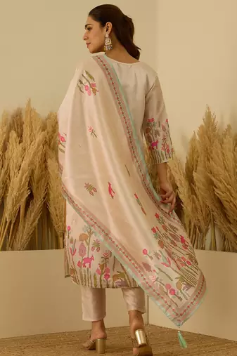 Beige women kurta pant dupatta set