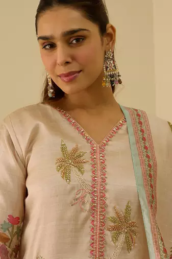 Beige women kurta pant dupatta set