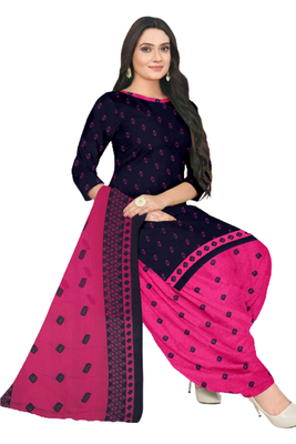 Unstitched printed crepe blend kurta & patiyala dress material with top, bottom & dupatta 1