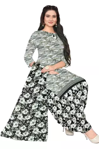 Unstitched printed crepe blend kurta & patiyala dress material with top, bottom & dupatta