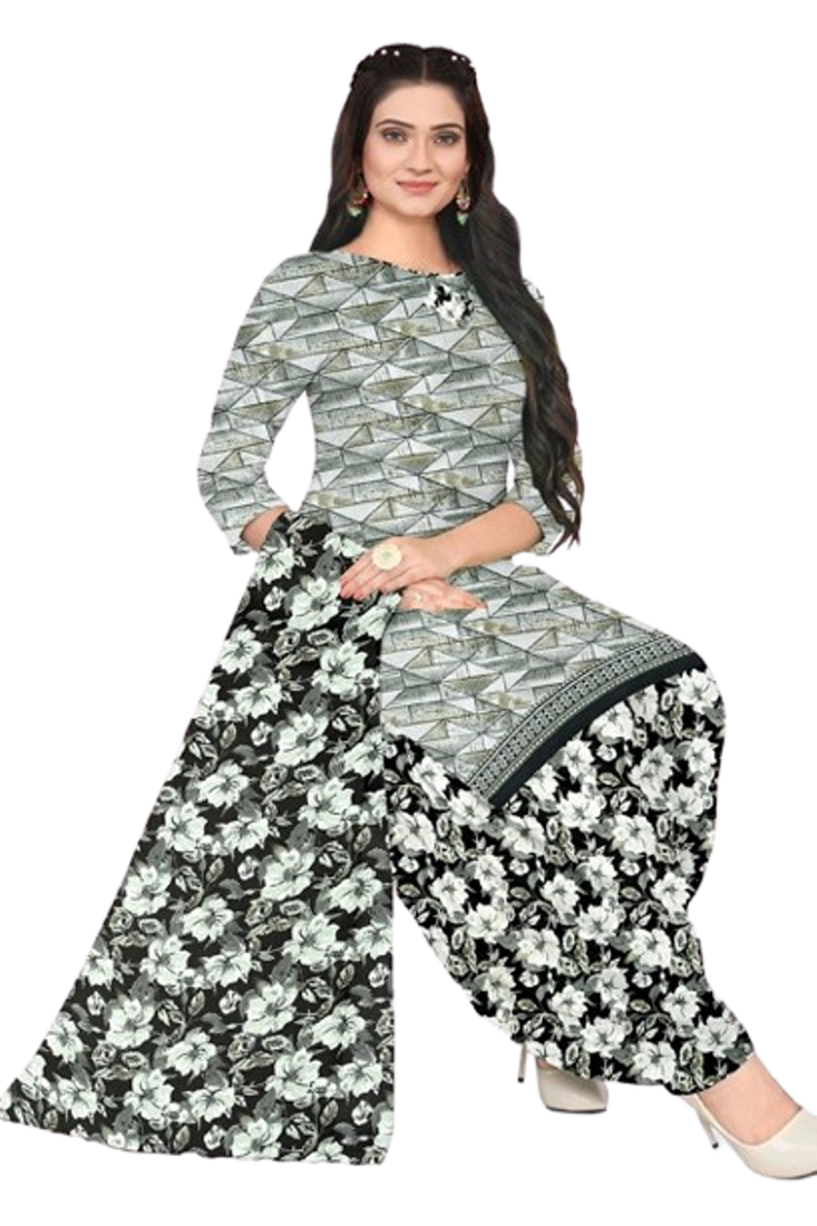 Unstitched printed crepe blend kurta & patiyala dress material with top, bottom & dupatta