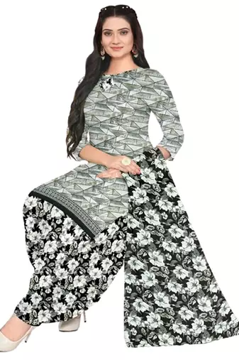 Unstitched printed crepe blend kurta & patiyala dress material with top, bottom & dupatta