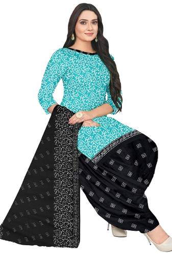 Unstitched printed crepe blend kurta & patiyala dress material with top, bottom & dupatta