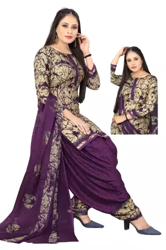 Unstitched printed crepe blend kurta & patiyala dress material with top, bottom & dupatta