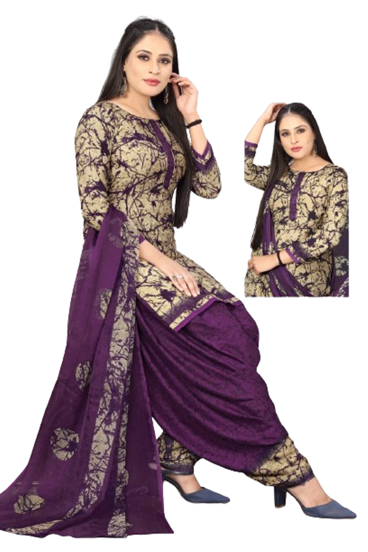Unstitched printed crepe blend kurta & patiyala dress material with top, bottom & dupatta