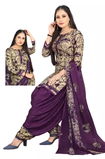 Unstitched printed crepe blend kurta & patiyala dress material with top, bottom & dupatta