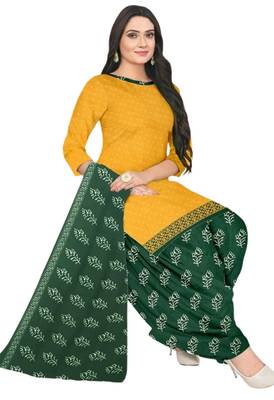 Unstitched printed crepe blend kurta & patiyala dress material with top, bottom & dupatta 1