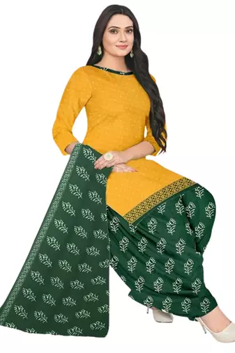 Unstitched printed crepe blend kurta & patiyala dress material with top, bottom & dupatta