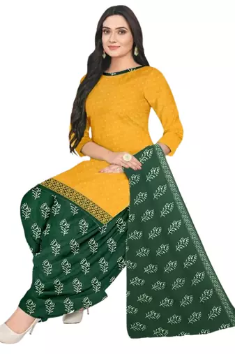 Unstitched printed crepe blend kurta & patiyala dress material with top, bottom & dupatta