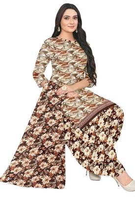 Unstitched printed crepe blend kurta & patiyala dress material with top, bottom & dupatta 1