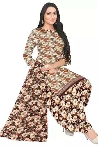 Unstitched printed crepe blend kurta & patiyala dress material with top, bottom & dupatta
