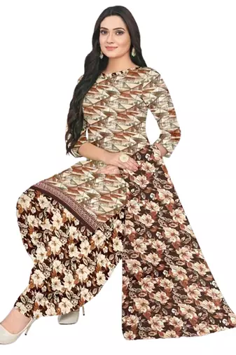 Unstitched printed crepe blend kurta & patiyala dress material with top, bottom & dupatta