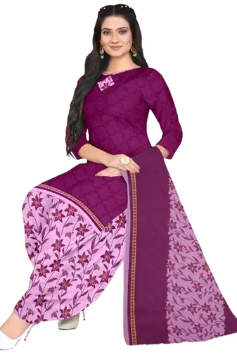 Unstitched printed crepe blend kurta & patiyala dress material with top, bottom & dupatta