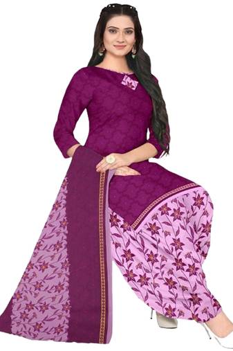 Unstitched printed crepe blend kurta & patiyala dress material with top, bottom & dupatta