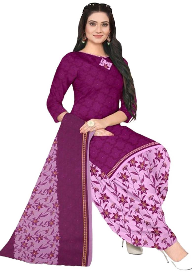 Unstitched printed crepe blend kurta & patiyala dress material with top, bottom & dupatta