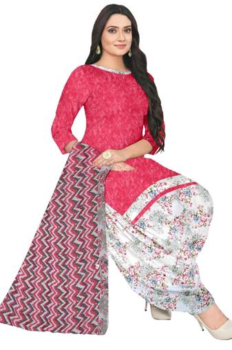 Unstitched printed crepe blend kurta & patiyala dress material with top, bottom & dupatta